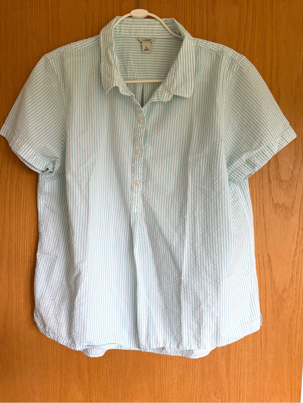 Vintage LL Bean Green Seersucker Stripe  Button Up Top Preppy Classic Old Money